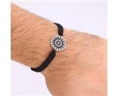 Mandala Motifli Gümüş Deri Bileklik